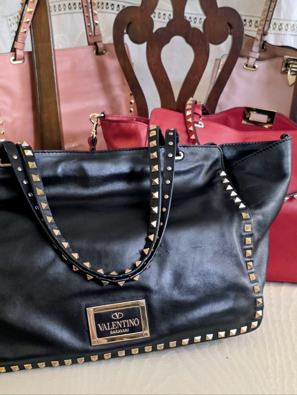 Valentino Garavani Rockstud Red Leather Bag Gold Stud Trim Handbag Tote - Picture 8 of 16